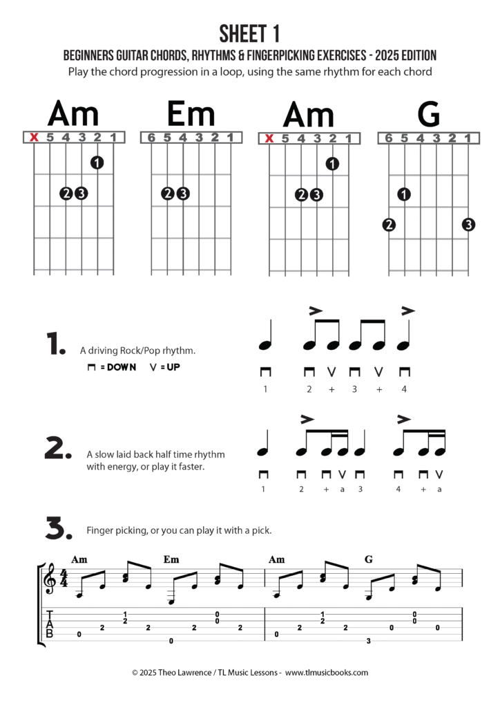 Beginners Guitar Chords, Rhythms & Fingerpicking Exercises (2025 Edition) is a pdf guitar ebook for for beginners and advanced beginner guitarists that would like to improve their basic chords, strumming patterns, and develop some skills with picking and/or fingerpicking.