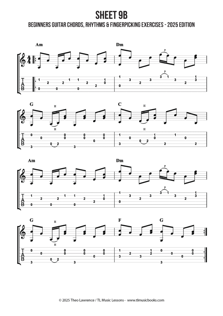 Beginners Guitar Chords, Rhythms & Fingerpicking Exercises (2025 Edition) is a pdf guitar ebook for for beginners and advanced beginner guitarists that would like to improve their basic chords, strumming patterns, and develop some skills with picking and/or fingerpicking.